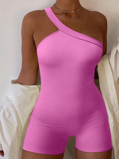 Women's Yoga Rompers One Piece Tummy Control Seamless Ribbed Jumpsuit One Shoulder One Piece Fashion Fitness Sportwear - Duce Closet