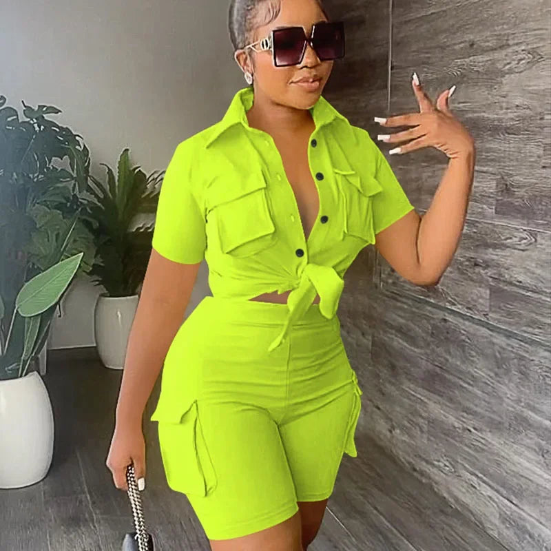 Streetwear Two Piece Set for Women Summer Outfits Pockets Short Sleeve Button-Up Shirt Top Short Sets Party Club Matching Sets - Duce Closet