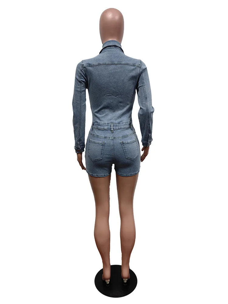 Weird Puss Elastic Denim Women Playsuit Lapel Single-Breasted Full Sleeve One Pieces Shorts Trendy Vintage High Street Partywear - Duce Closet
