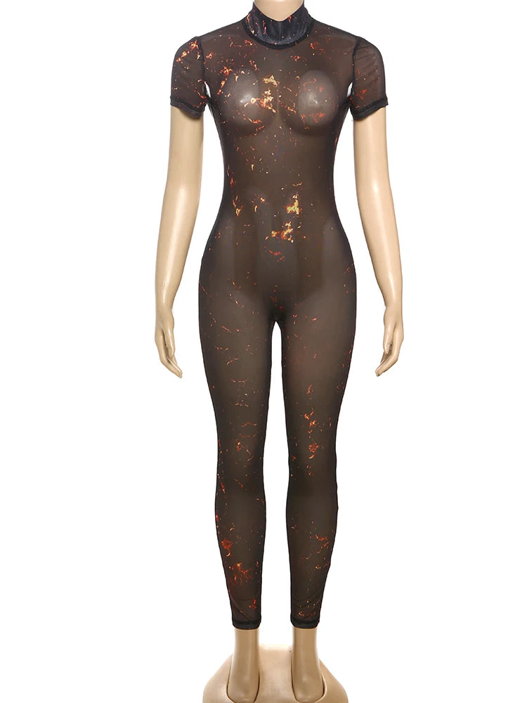 Nibber Colorful Print Jumpsuit Women Mesh  See Through Coquette Summer Backless Peach Buttocks Tight Activity Clubwear Overalls - Duce Closet