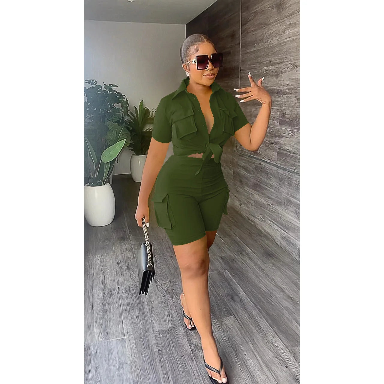 Streetwear Two Piece Set for Women Summer Outfits Pockets Short Sleeve Button-Up Shirt Top Short Sets Party Club Matching Sets - Duce Closet