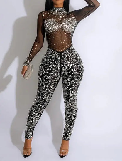 Sexy Party Jumpsuits Women 2024 Autumn Solid Mesh Diamond Fashion Long Sleeve Pants Jumpsuit Clubwear Female Overalls Streetwear - Duce Closet