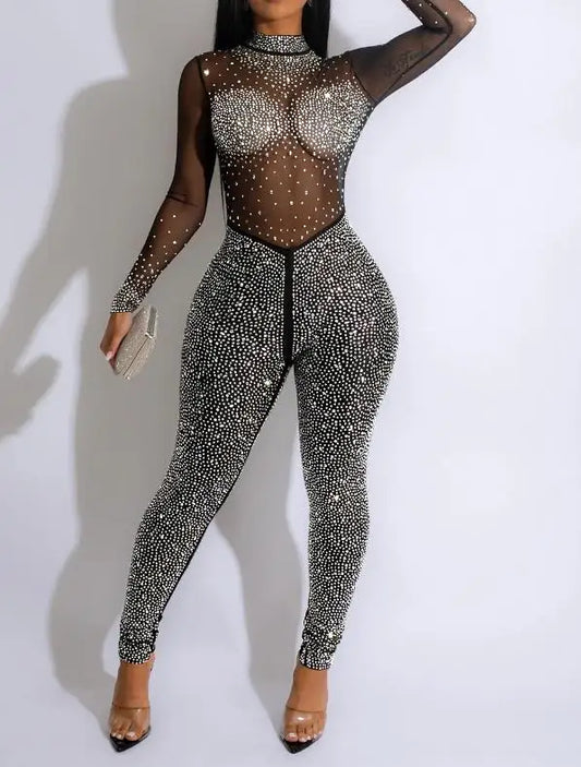 Sexy Party Jumpsuits Women 2024 Autumn Solid Mesh Diamond Fashion Long Sleeve Pants Jumpsuit Clubwear Female Overalls Streetwear - Duce Closet