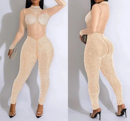 Sexy Party Jumpsuits Women 2024 Autumn Solid Mesh Diamond Fashion Long Sleeve Pants Jumpsuit Clubwear Female Overalls Streetwear - Duce Closet