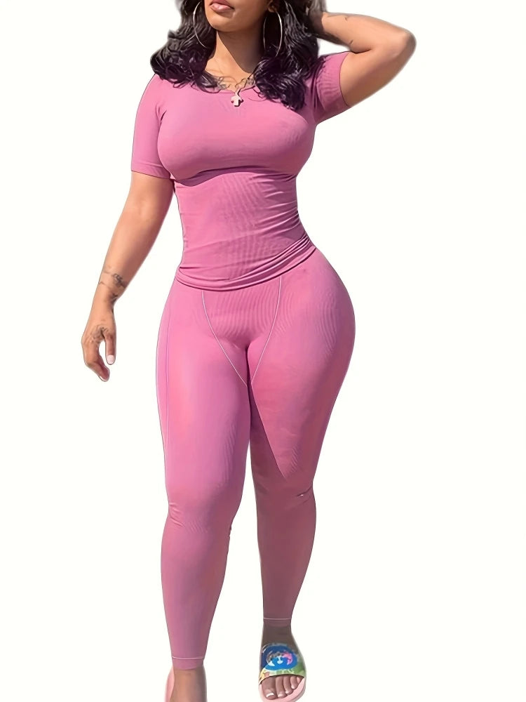 New style Lounge Wear Ribbed Casual 2 Piece Summer Shorts Set For Women Sleeve Top+Elastic Leggings Outfits - Duce Closet