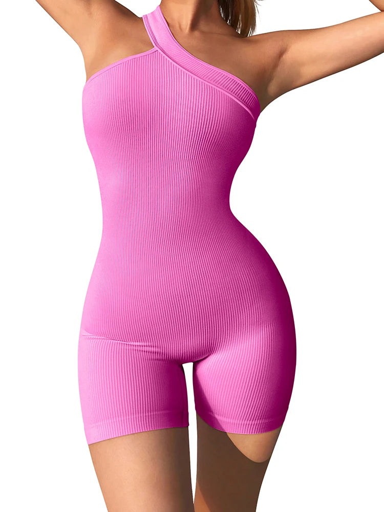 Women's Yoga Rompers One Piece Tummy Control Seamless Ribbed Jumpsuit One Shoulder One Piece Fashion Fitness Sportwear - Duce Closet
