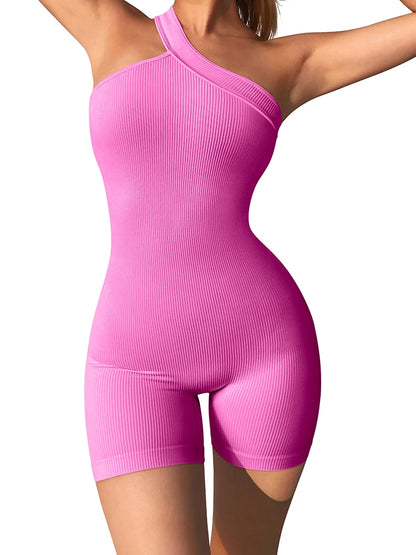 Women's Yoga Rompers One Piece Tummy Control Seamless Ribbed Jumpsuit One Shoulder One Piece Fashion Fitness Sportwear - Duce Closet