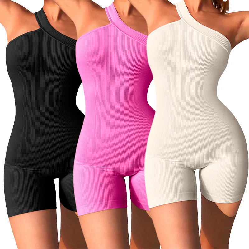 Women's Yoga Rompers One Piece Tummy Control Seamless Ribbed Jumpsuit One Shoulder One Piece Fashion Fitness Sportwear - Duce Closet