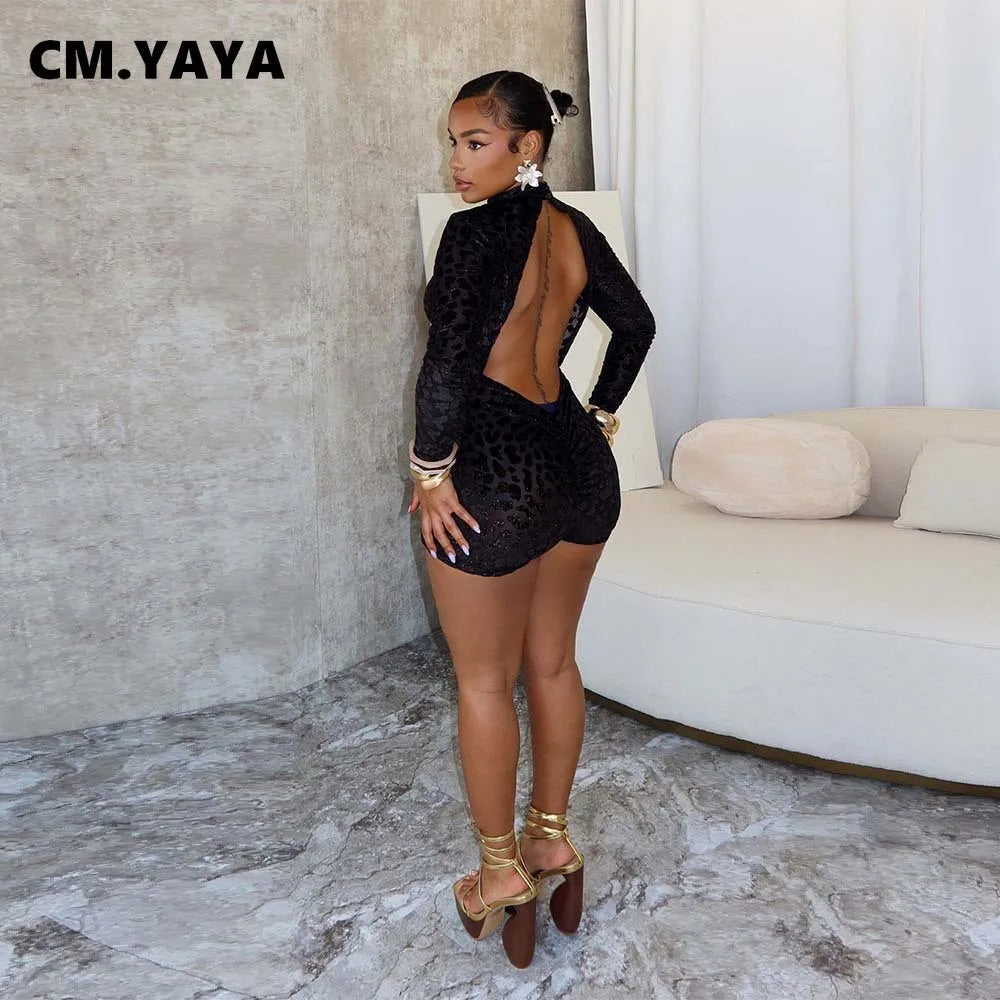 CM.YAYA Women Sexy Party Club Night See Though Leopard Flocking Rompers & Playsuits 2025 Skinny Elastic Fashion One Piece Suits - Duce Closet