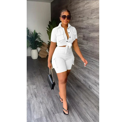 Streetwear Two Piece Set for Women Summer Outfits Pockets Short Sleeve Button-Up Shirt Top Short Sets Party Club Matching Sets - Duce Closet