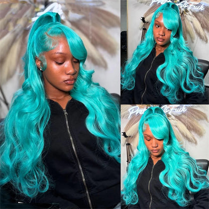 13x6 Teal Ocean Blue Lace Front Wig Human Hair Body Wave 613 Blonde Lace Frontal Wig Preplucked Mint Green Color Human Hair Wigs - Duce Closet