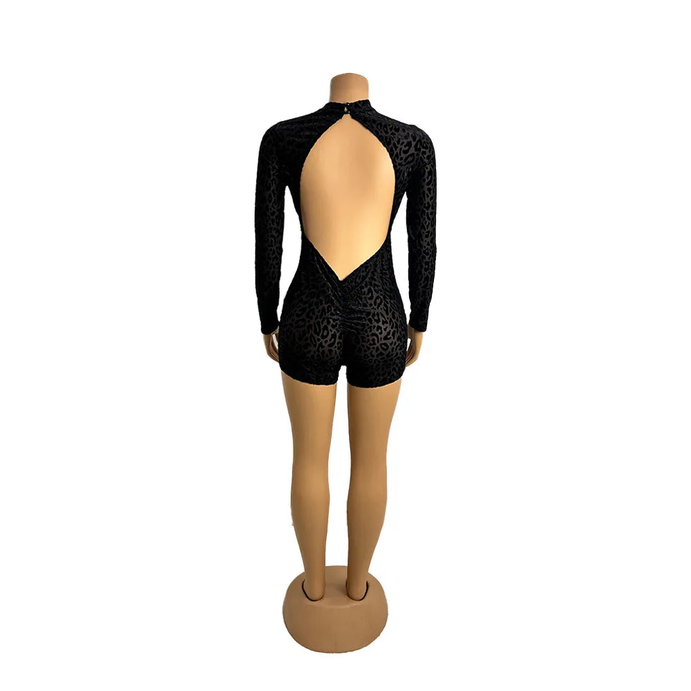 CM.YAYA Women Sexy Party Club Night See Though Leopard Flocking Rompers & Playsuits 2025 Skinny Elastic Fashion One Piece Suits - Duce Closet