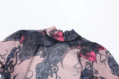 Nibber Colorful Print Jumpsuit Women Mesh  See Through Coquette Summer Backless Peach Buttocks Tight Activity Clubwear Overalls - Duce Closet