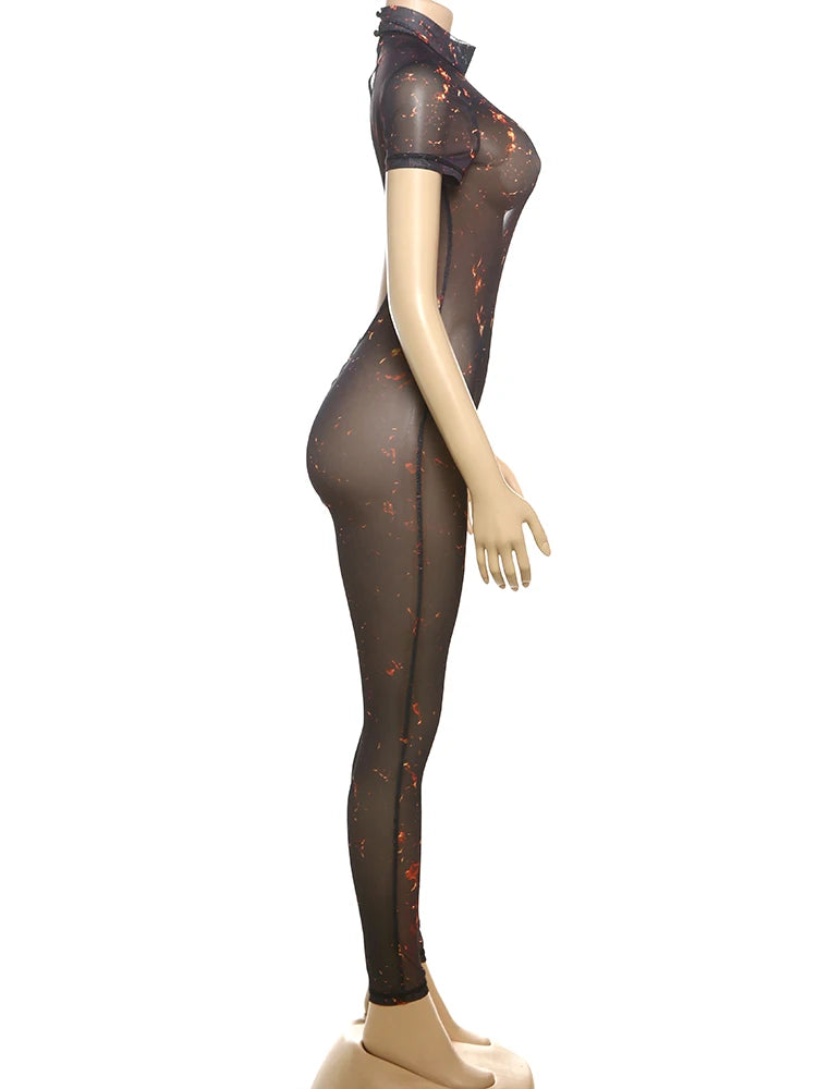 Nibber Colorful Print Jumpsuit Women Mesh  See Through Coquette Summer Backless Peach Buttocks Tight Activity Clubwear Overalls - Duce Closet