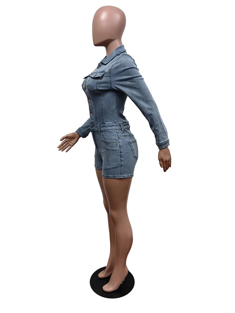 Weird Puss Elastic Denim Women Playsuit Lapel Single-Breasted Full Sleeve One Pieces Shorts Trendy Vintage High Street Partywear - Duce Closet