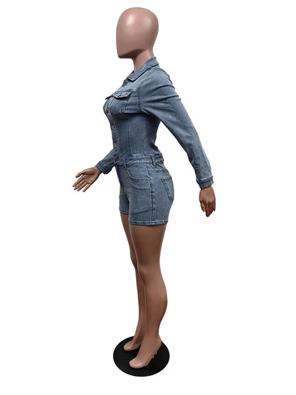 Weird Puss Elastic Denim Women Playsuit Lapel Single-Breasted Full Sleeve One Pieces Shorts Trendy Vintage High Street Partywear - Duce Closet