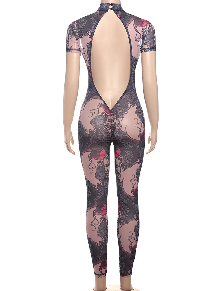 Nibber Colorful Print Jumpsuit Women Mesh  See Through Coquette Summer Backless Peach Buttocks Tight Activity Clubwear Overalls - Duce Closet
