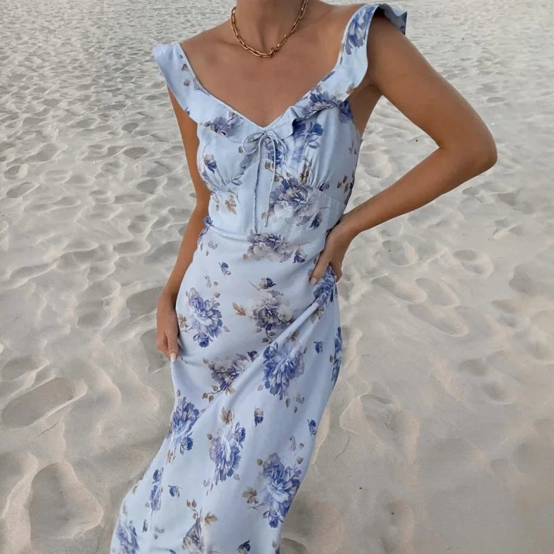 Summer Floral V-Neck Maxi Dress - Duce Closet