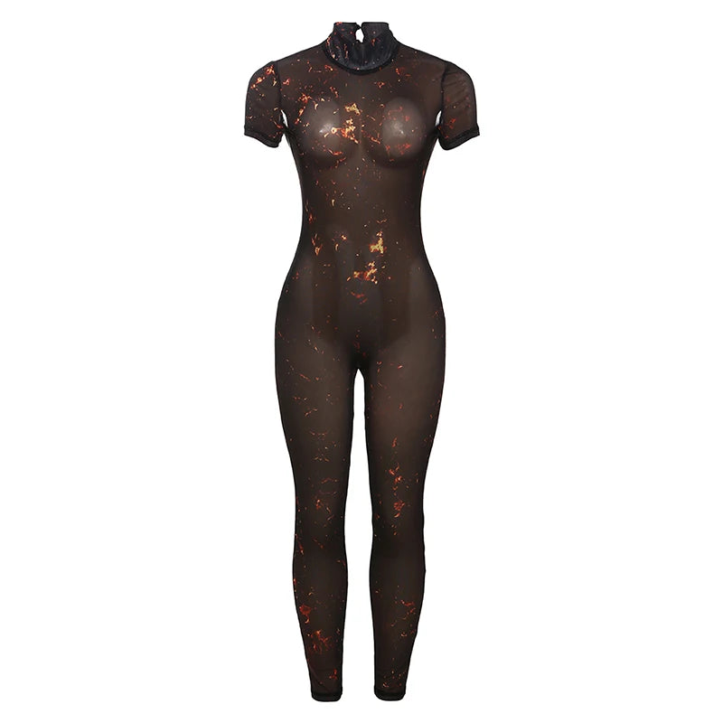 Nibber Colorful Print Jumpsuit Women Mesh  See Through Coquette Summer Backless Peach Buttocks Tight Activity Clubwear Overalls - Duce Closet