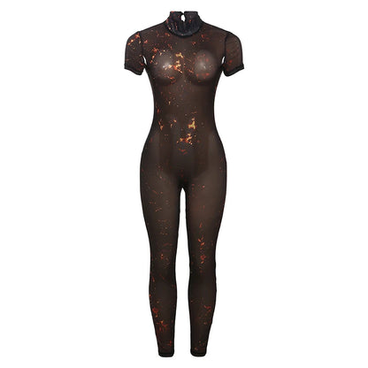 Nibber Colorful Print Jumpsuit Women Mesh  See Through Coquette Summer Backless Peach Buttocks Tight Activity Clubwear Overalls - Duce Closet
