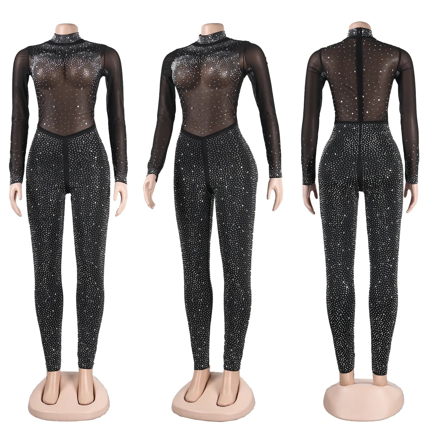Sexy Party Jumpsuits Women 2024 Autumn Solid Mesh Diamond Fashion Long Sleeve Pants Jumpsuit Clubwear Female Overalls Streetwear - Duce Closet