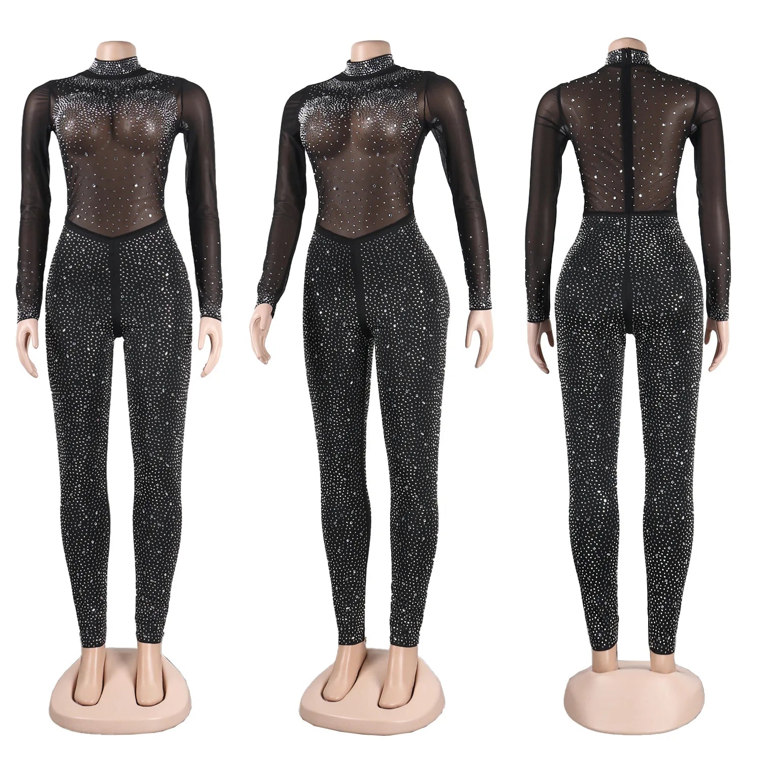 Sexy Party Jumpsuits Women 2024 Autumn Solid Mesh Diamond Fashion Long Sleeve Pants Jumpsuit Clubwear Female Overalls Streetwear - Duce Closet