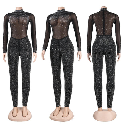 Sexy Party Jumpsuits Women 2024 Autumn Solid Mesh Diamond Fashion Long Sleeve Pants Jumpsuit Clubwear Female Overalls Streetwear - Duce Closet