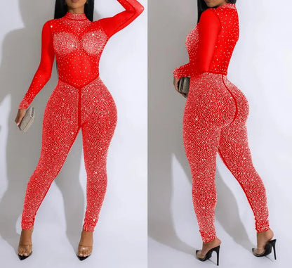Sexy Party Jumpsuits Women 2024 Autumn Solid Mesh Diamond Fashion Long Sleeve Pants Jumpsuit Clubwear Female Overalls Streetwear - Duce Closet