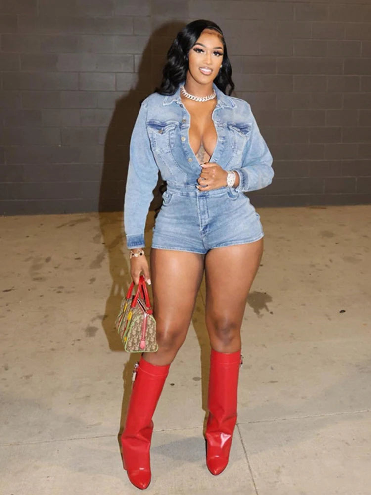 Weird Puss Elastic Denim Women Playsuit Lapel Single-Breasted Full Sleeve One Pieces Shorts Trendy Vintage High Street Partywear - Duce Closet