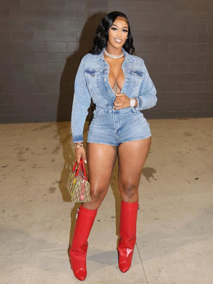 Weird Puss Elastic Denim Women Playsuit Lapel Single-Breasted Full Sleeve One Pieces Shorts Trendy Vintage High Street Partywear - Duce Closet