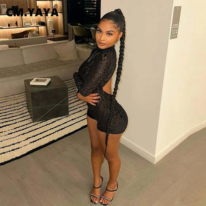 CM.YAYA Women Sexy Party Club Night See Though Leopard Flocking Rompers & Playsuits 2025 Skinny Elastic Fashion One Piece Suits - Duce Closet