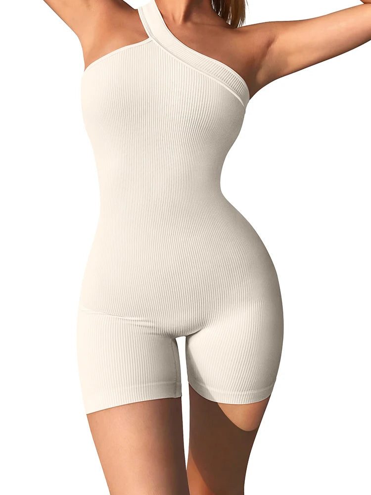 Women's Yoga Rompers One Piece Tummy Control Seamless Ribbed Jumpsuit One Shoulder One Piece Fashion Fitness Sportwear - Duce Closet
