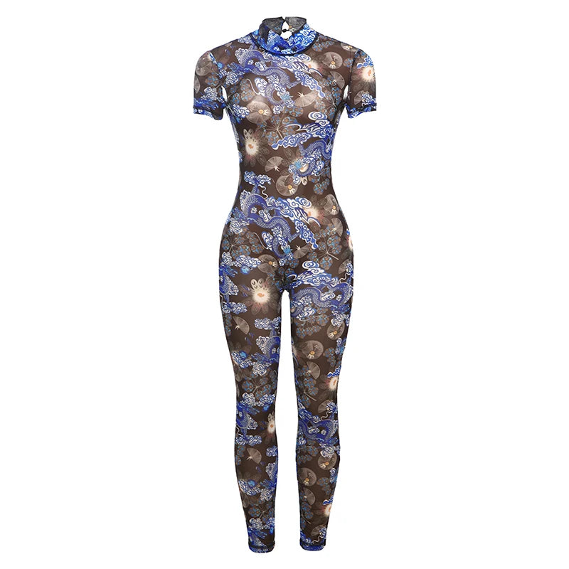 Nibber Colorful Print Jumpsuit Women Mesh  See Through Coquette Summer Backless Peach Buttocks Tight Activity Clubwear Overalls - Duce Closet