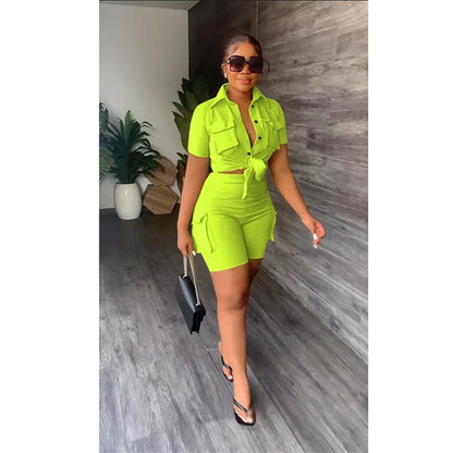 Streetwear Two Piece Set for Women Summer Outfits Pockets Short Sleeve Button-Up Shirt Top Short Sets Party Club Matching Sets - Duce Closet