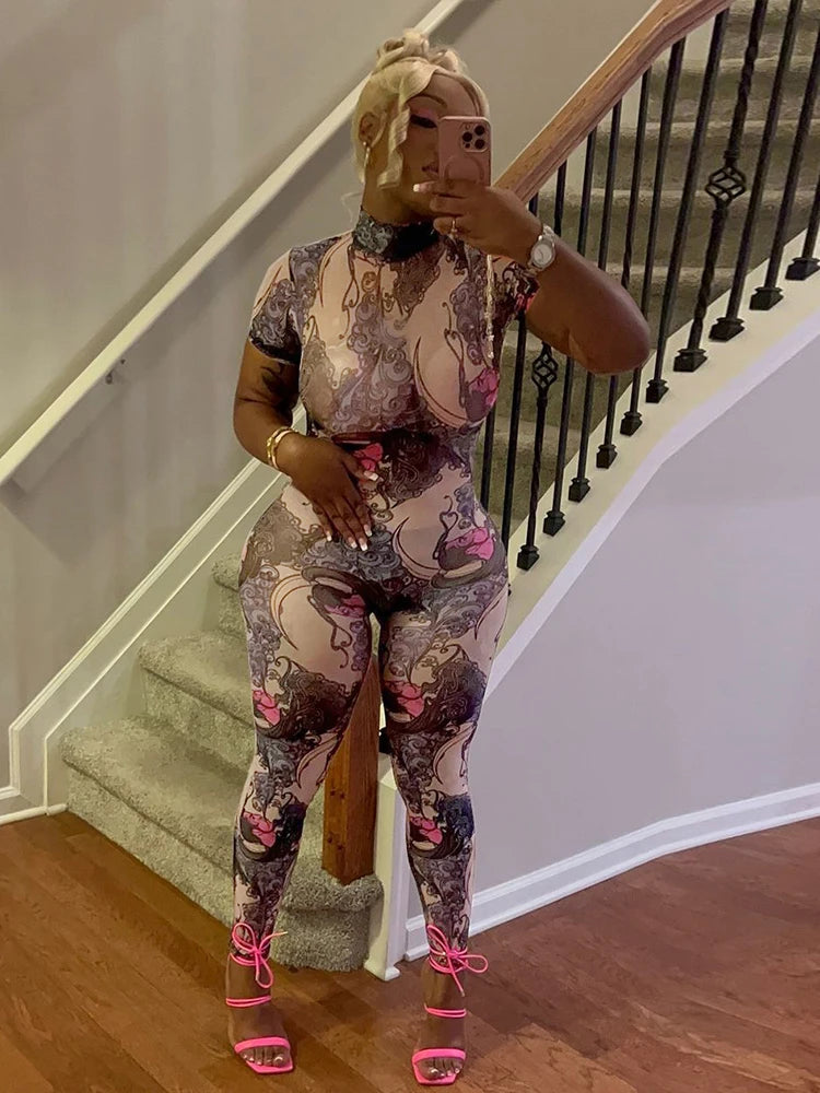 Nibber Colorful Print Jumpsuit Women Mesh  See Through Coquette Summer Backless Peach Buttocks Tight Activity Clubwear Overalls - Duce Closet