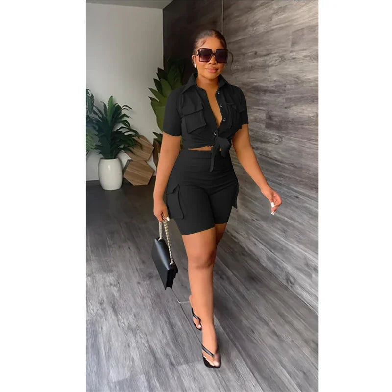 Streetwear Two Piece Set for Women Summer Outfits Pockets Short Sleeve Button-Up Shirt Top Short Sets Party Club Matching Sets - Duce Closet