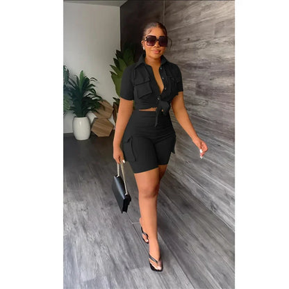 Streetwear Two Piece Set for Women Summer Outfits Pockets Short Sleeve Button-Up Shirt Top Short Sets Party Club Matching Sets - Duce Closet